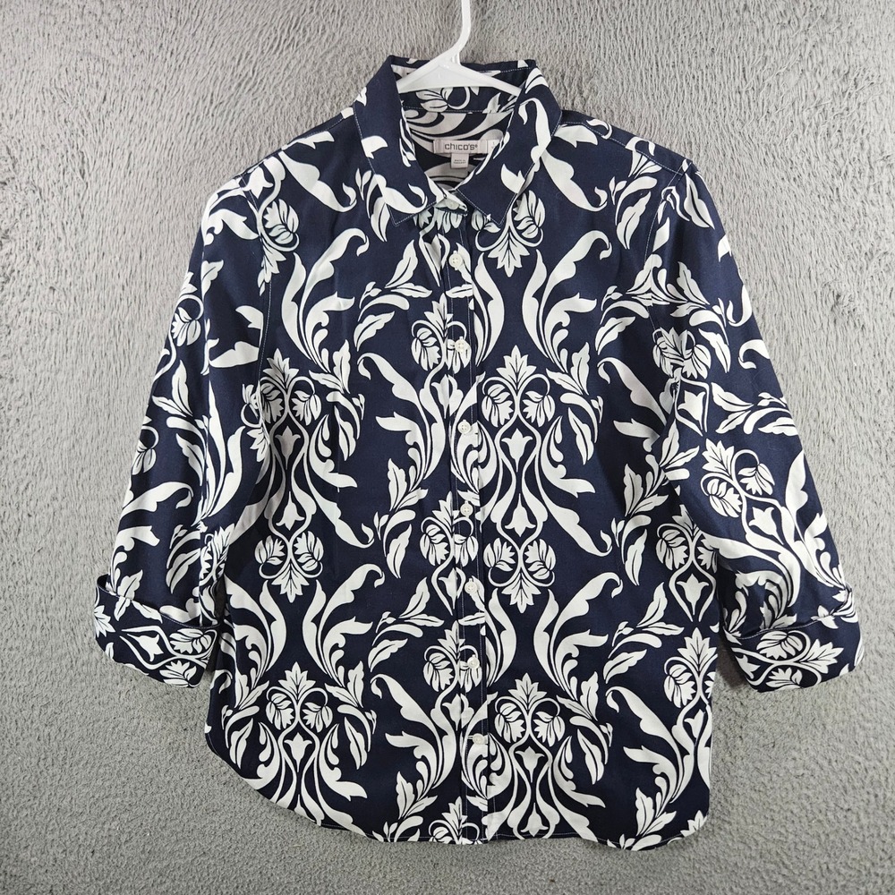 Chicos Navy Blue White Damask Scroll Button Down Shirt 3/4 Sleeve Size 1 US 8